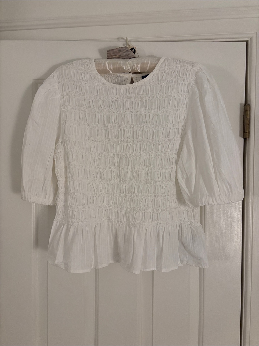 Old Navy White Smocked Peplum Blouse with Puff Sleeves